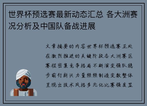 世界杯预选赛最新动态汇总 各大洲赛况分析及中国队备战进展