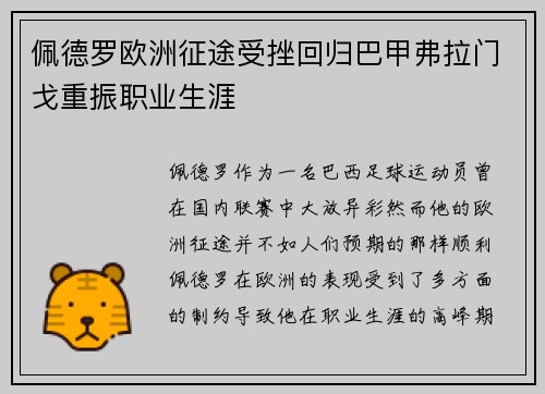 佩德罗欧洲征途受挫回归巴甲弗拉门戈重振职业生涯